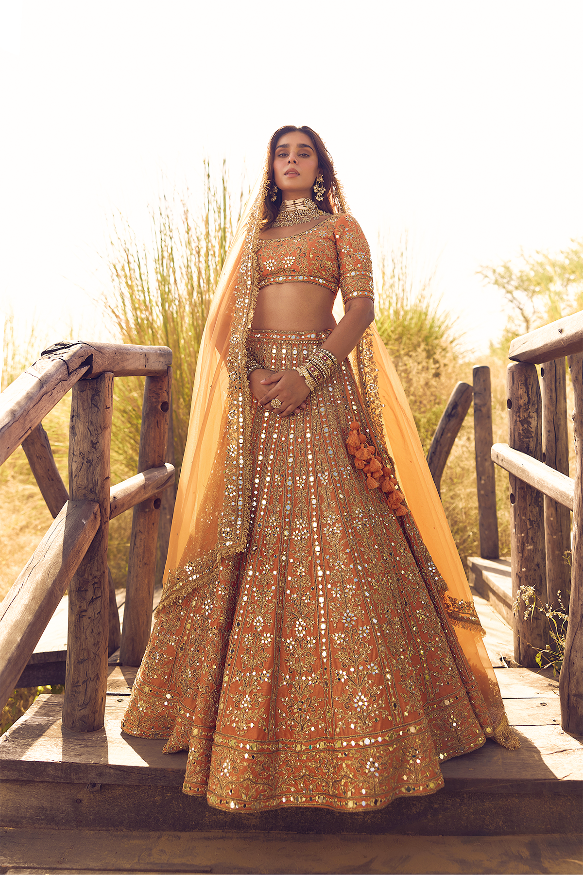 RUST ORANGE MIRROR, DORI AND ZARDOZI LEHENGA