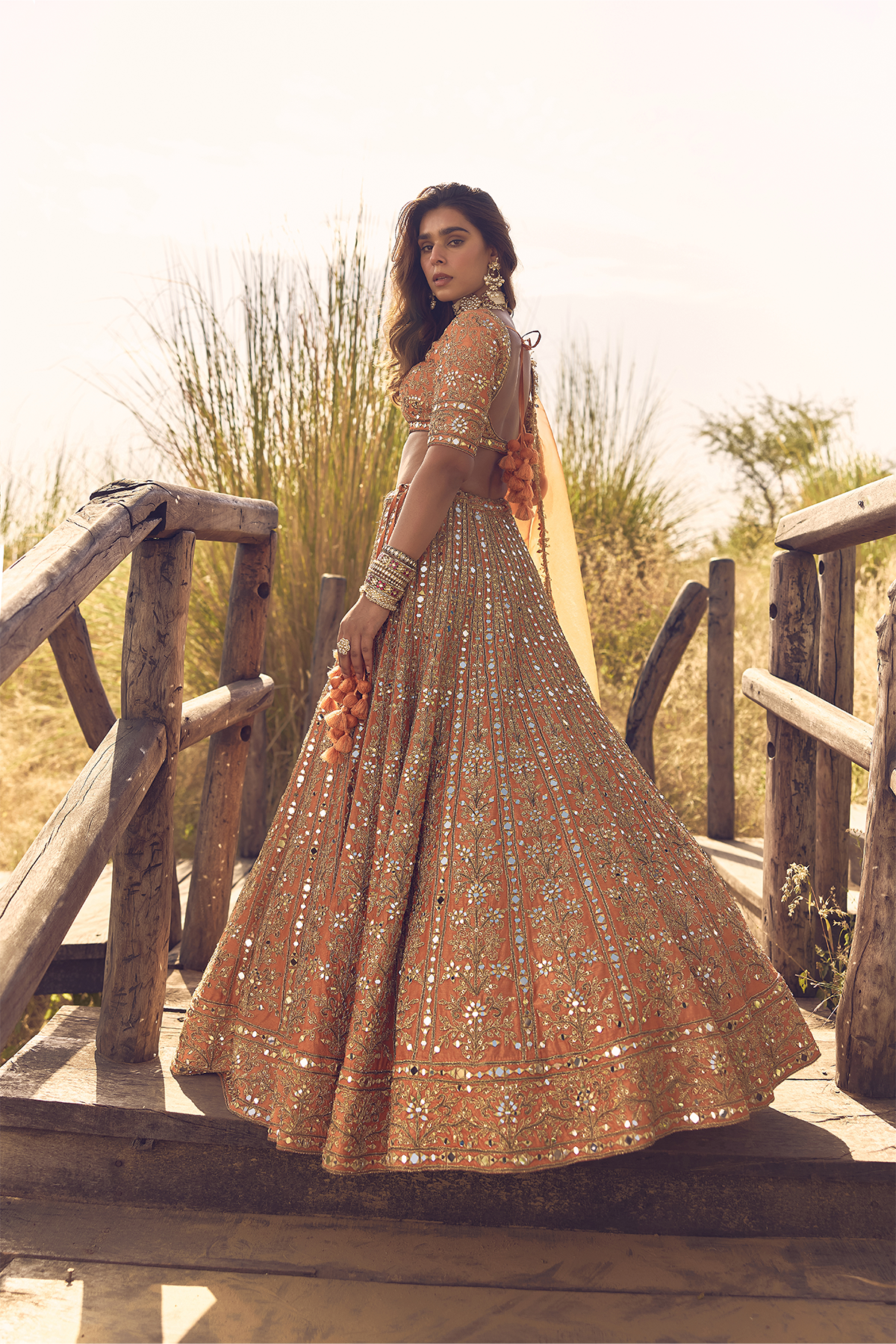 RUST ORANGE MIRROR, DORI AND ZARDOZI LEHENGA