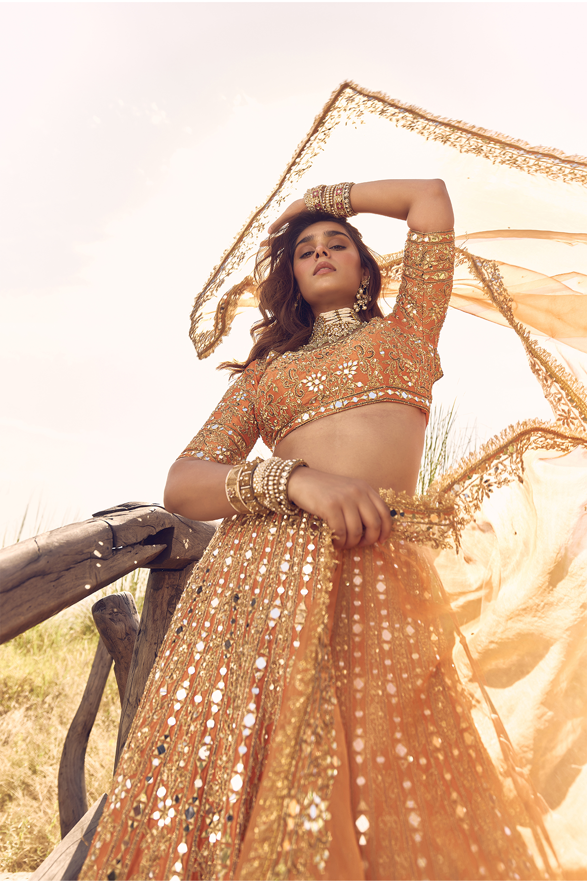 RUST ORANGE MIRROR, DORI AND ZARDOZI LEHENGA