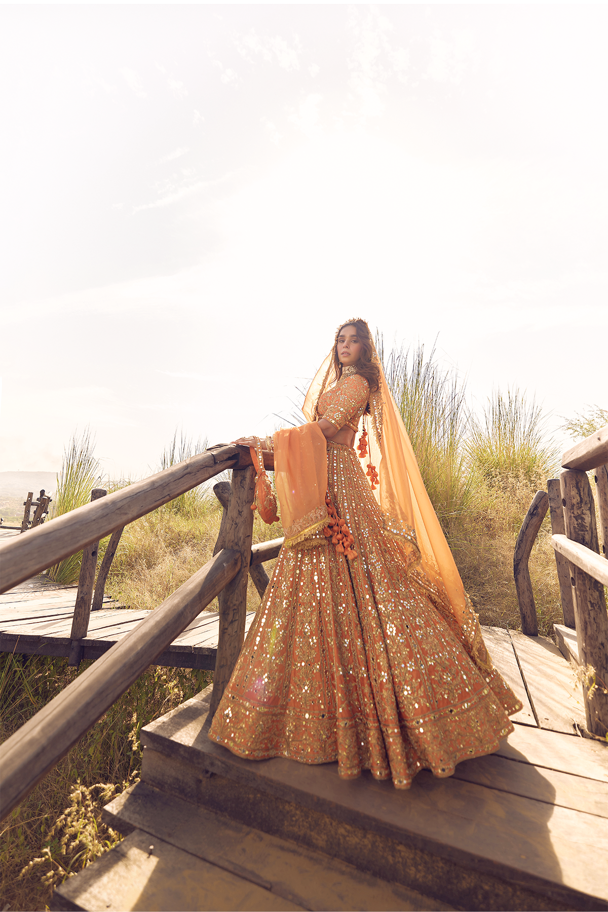 RUST ORANGE MIRROR, DORI AND ZARDOZI LEHENGA