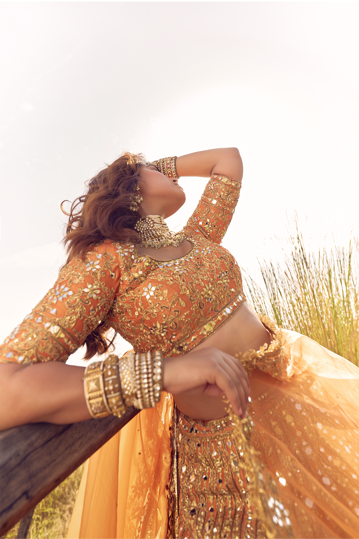 RUST ORANGE MIRROR, DORI AND ZARDOZI LEHENGA