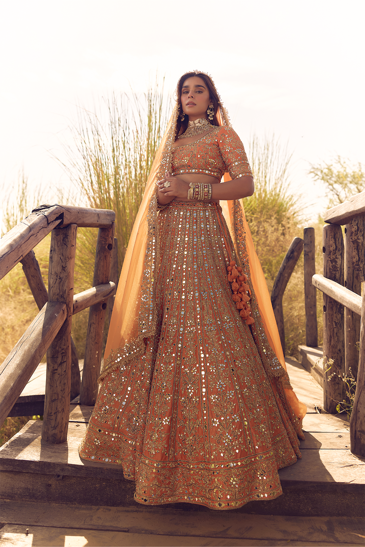 RUST ORANGE MIRROR, DORI AND ZARDOZI LEHENGA