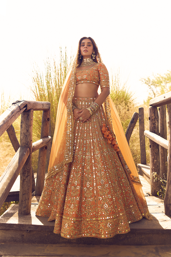RUST ORANGE MIRROR, DORI AND ZARDOZI LEHENGA
