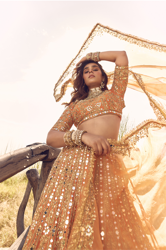 RUST ORANGE MIRROR, DORI AND ZARDOZI LEHENGA