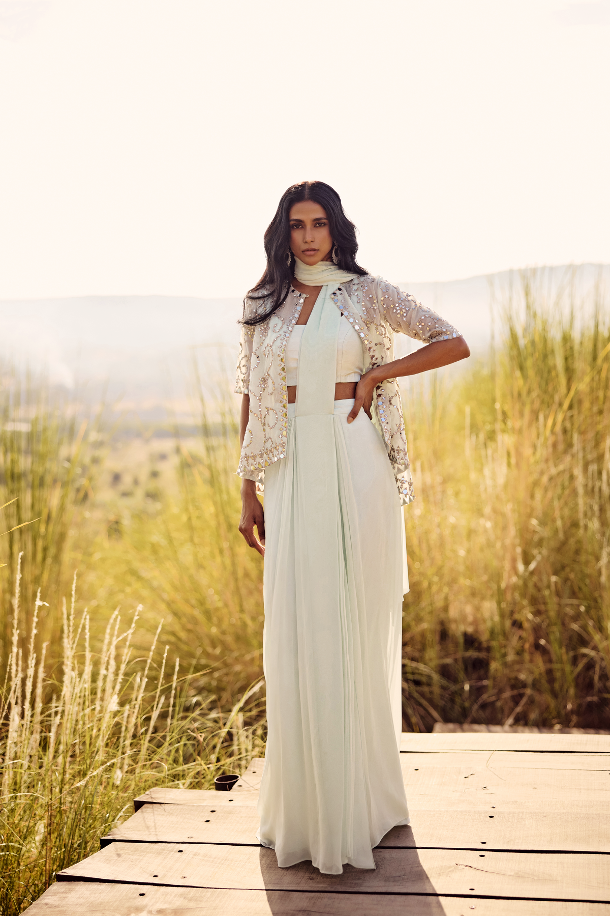 AQUA LONG CAPE DRAPE SAREE