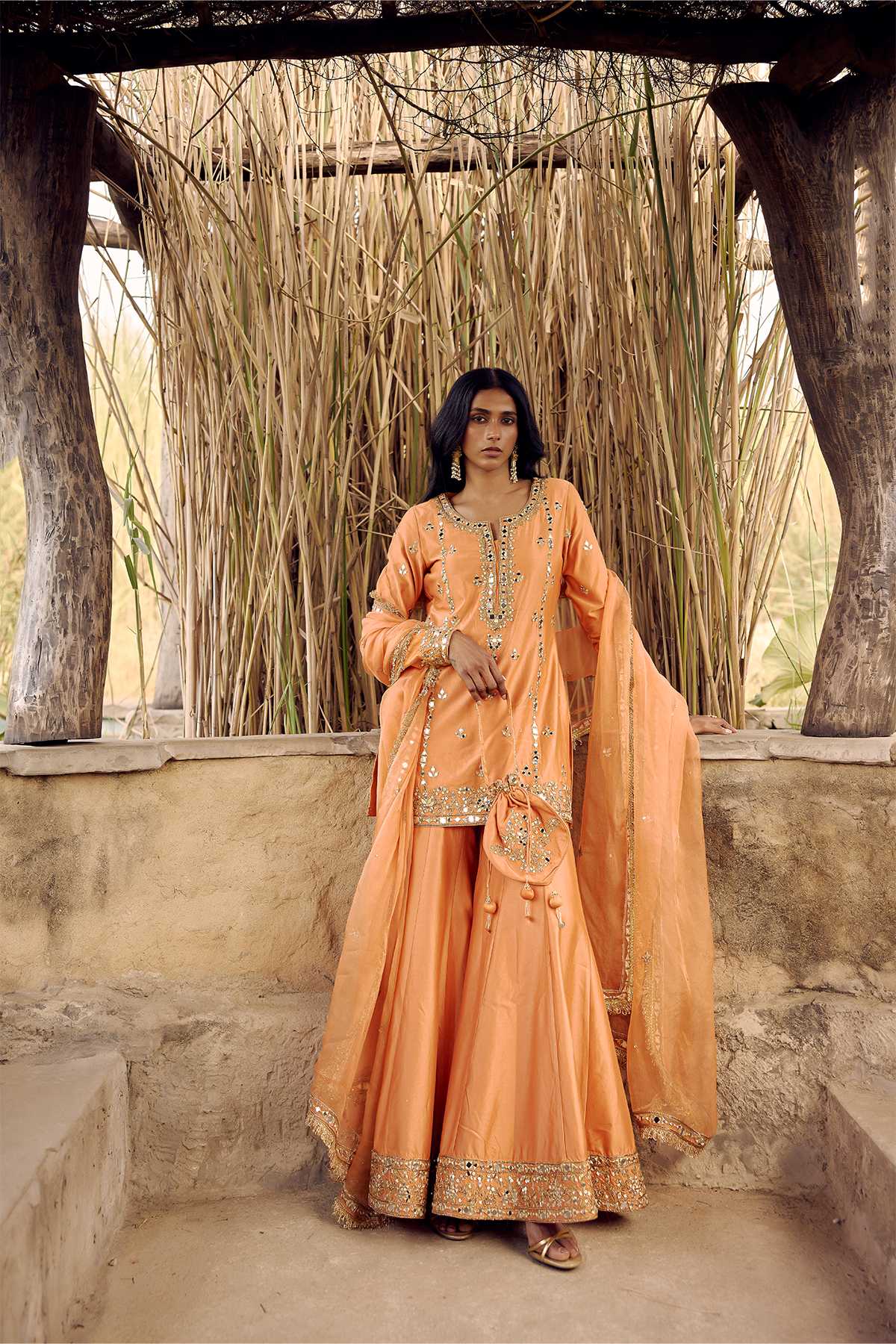 RUST ORANGE MIRROR, DORI ZARDOZI SHARARA