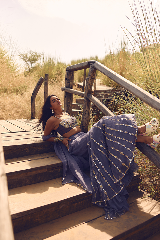 PRESIDENTIAL BLUE FISH CUT LEHENGA