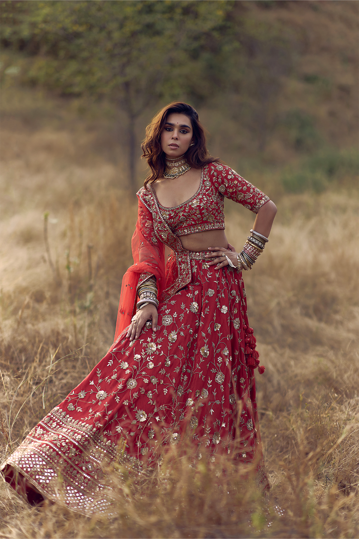 Red Dabka Zardozi Jaal Bridal Lehenga with Heavy Border