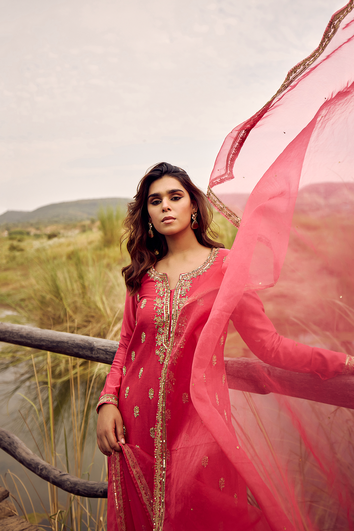 FUCHSIA PINK DORI AND ZARDOZI STRAIGHT SUIT