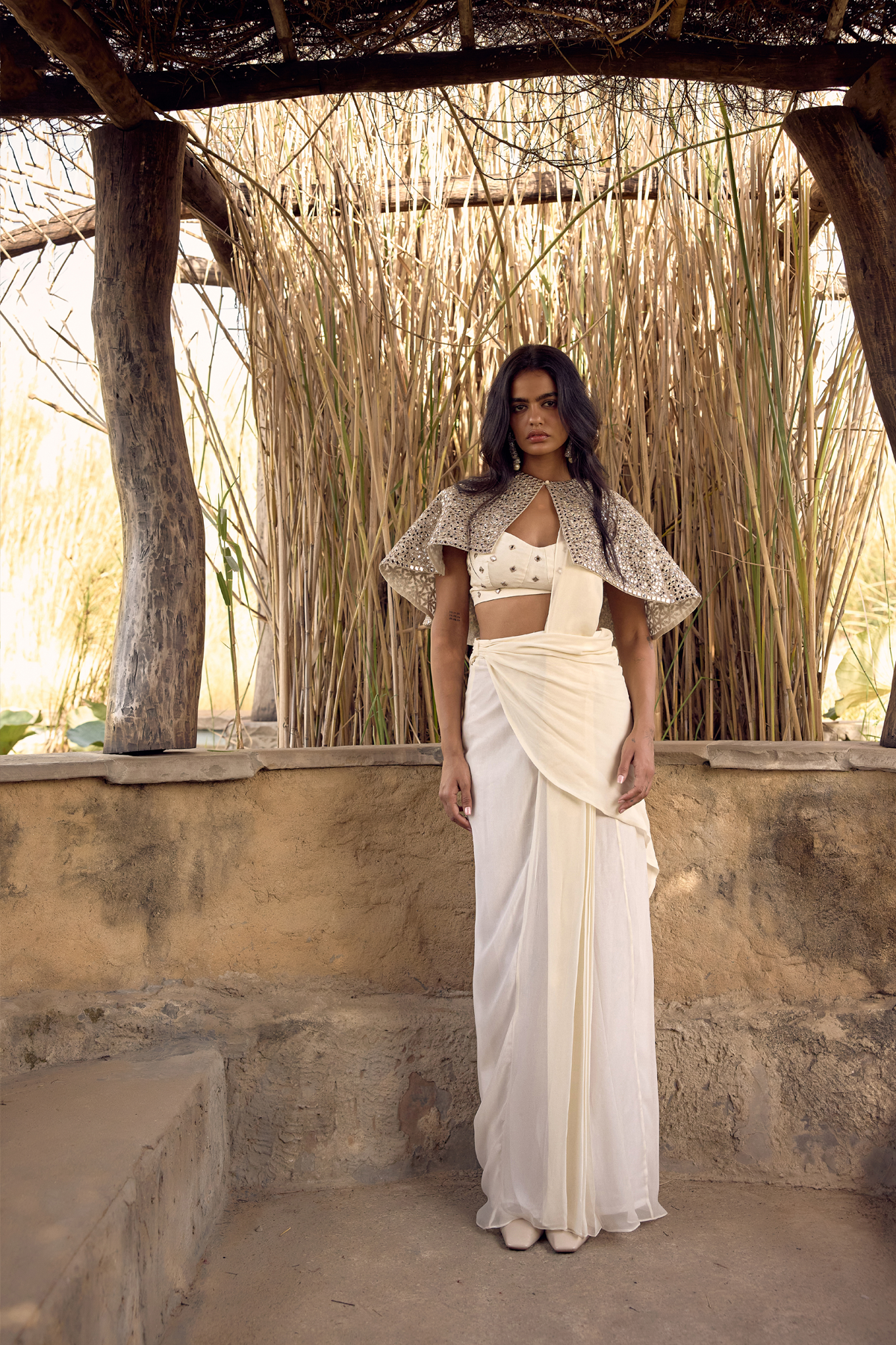 IVORY SHORT CAPE DRAPE SAREE