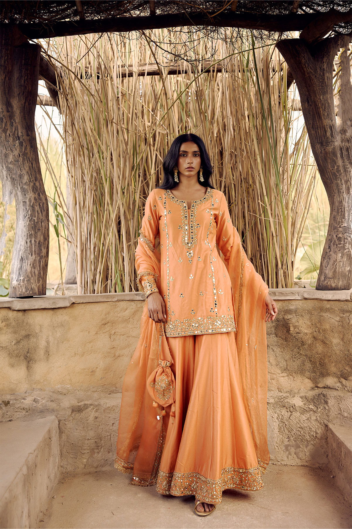 RUST ORANGE MIRROR, DORI ZARDOZI SHARARA