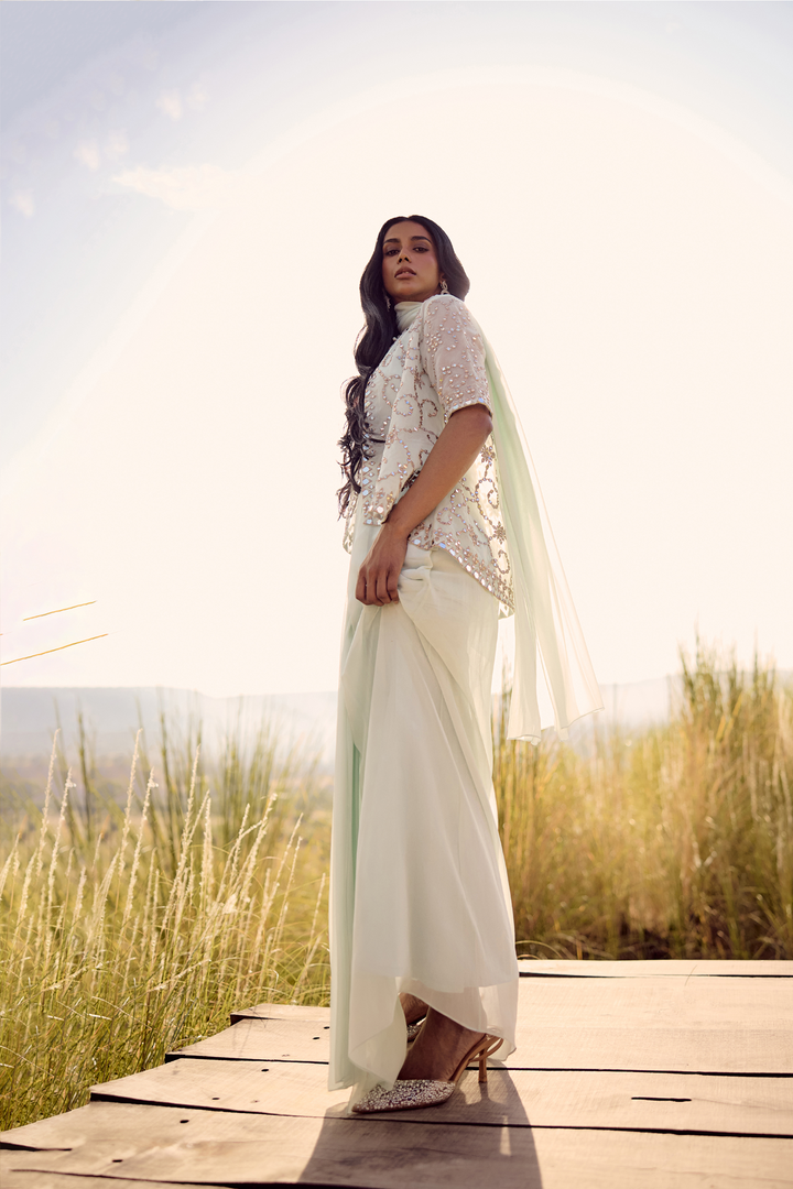 AQUA LONG CAPE DRAPE SAREE