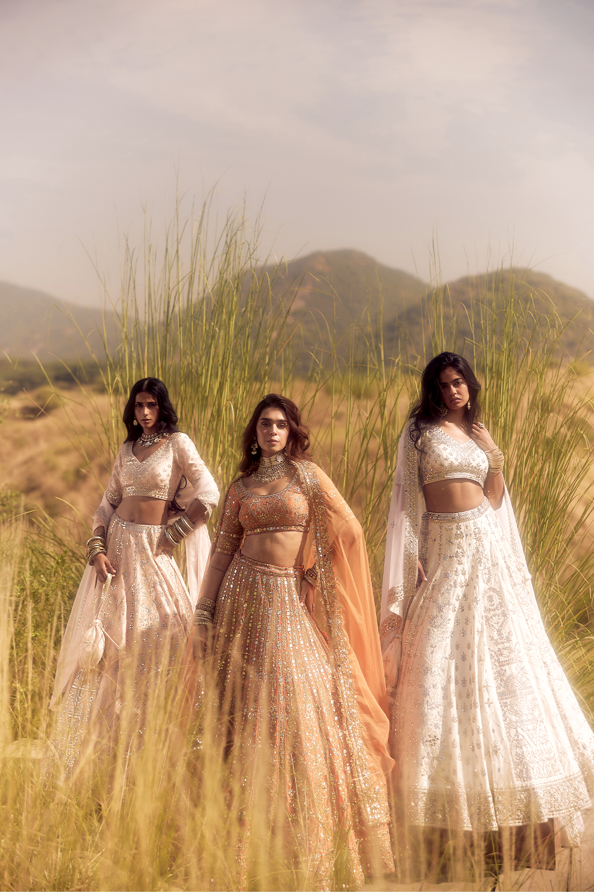 RUST ORANGE MIRROR, DORI AND ZARDOZI LEHENGA