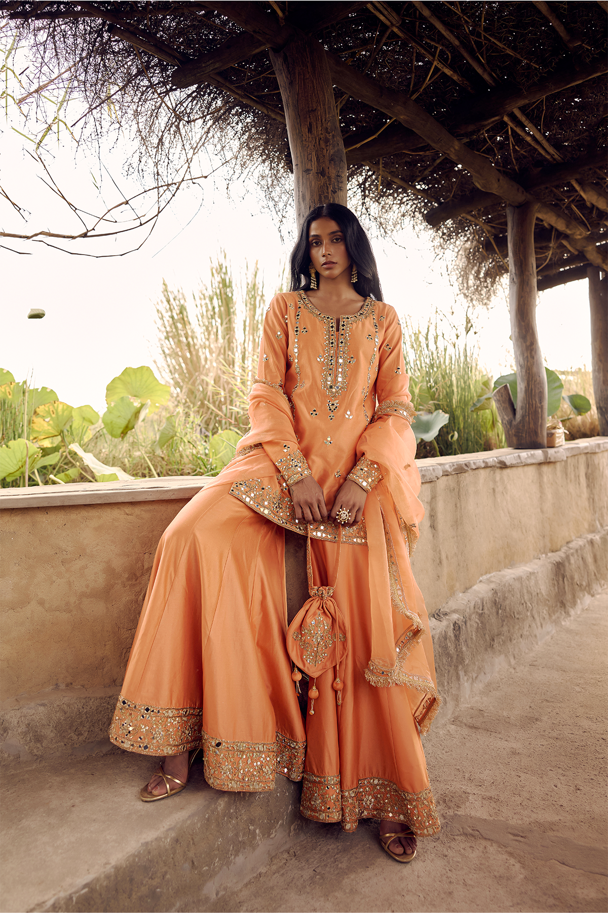 RUST ORANGE MIRROR, DORI ZARDOZI SHARARA