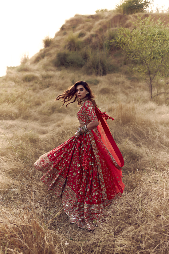 Red Dabka Zardozi Jaal Bridal Lehenga with Heavy Border