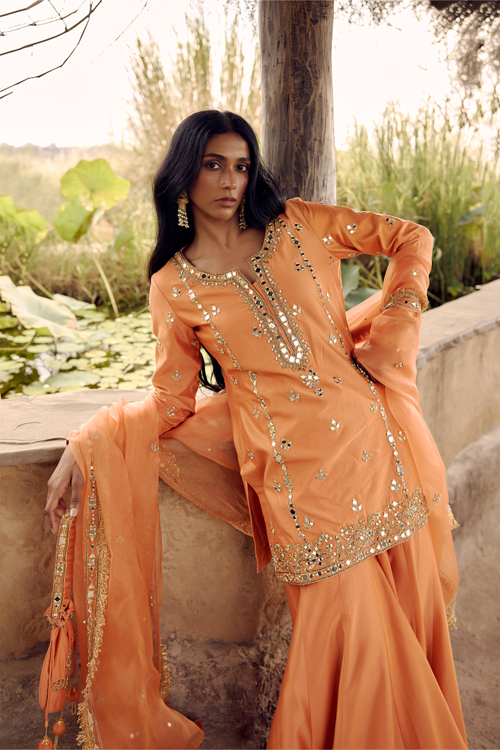 RUST ORANGE MIRROR, DORI ZARDOZI SHARARA