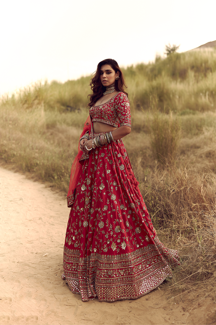 Red Dabka Zardozi Jaal Bridal Lehenga with Heavy Border