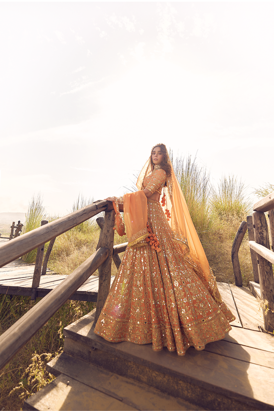 RUST ORANGE MIRROR, DORI AND ZARDOZI LEHENGA