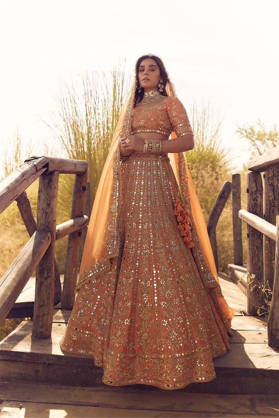 RUST ORANGE MIRROR, DORI AND ZARDOZI LEHENGA